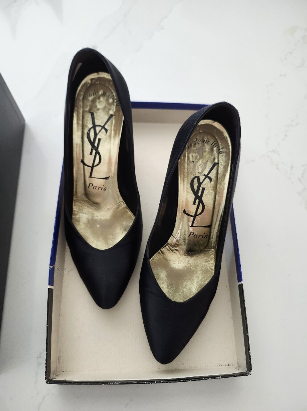 Vintage Yves Saint Laurent Black Satin Pointed Toe Pumps with Gold Insole